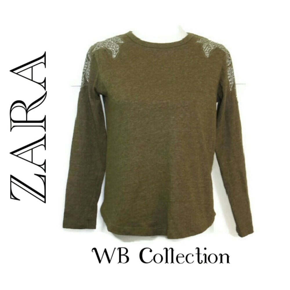 Zara WB Olive Green Beaded Shoulder Top M